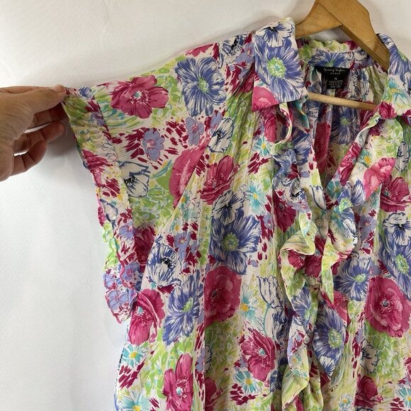 Sunny Taylor Womens Blouse Top Size 1X Multicolor Sheer Floral Button-Down - Picture 4 of 10